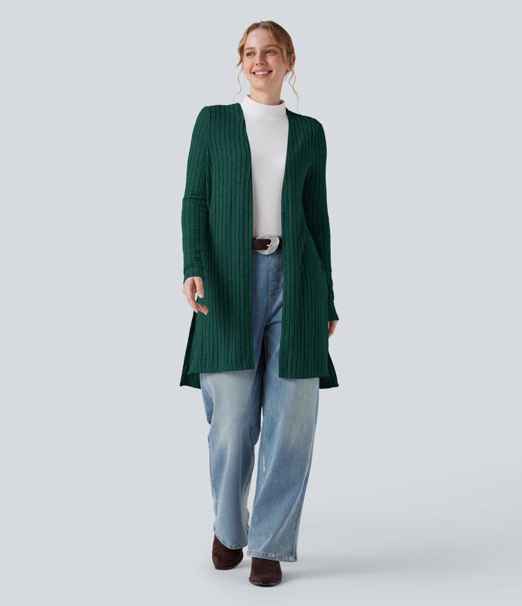 Lässiger Mantel aus geripptem Strick mit langen Ärmeln und Schlitz