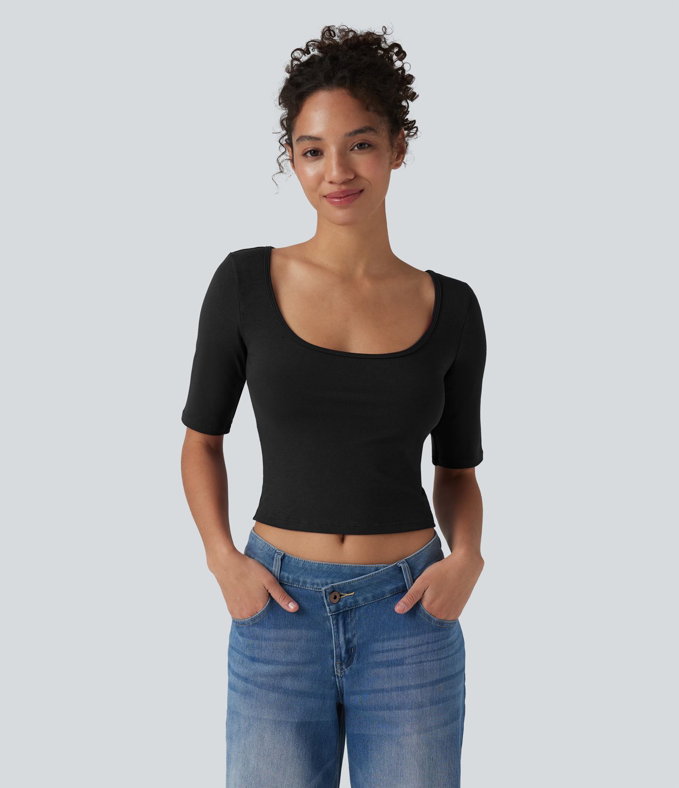 Ribbed Knit Scoop Neck Short Sleeve Casual T-Shirt