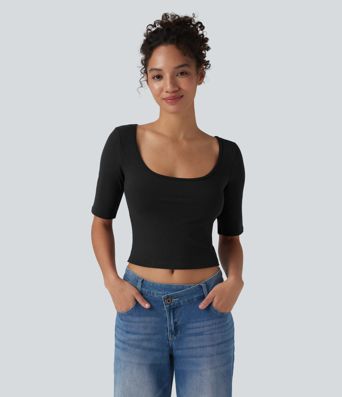 Ribbed Knit Scoop Neck Short Sleeve Casual T-Shirt