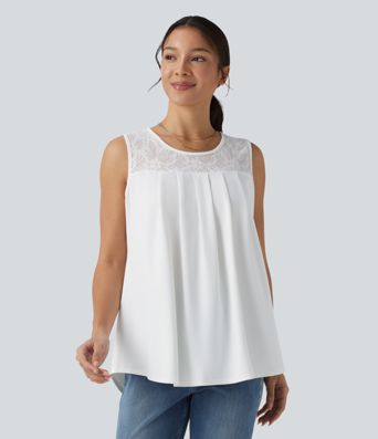 Débardeur décontracté à encoure ronde et dentelle contrastée