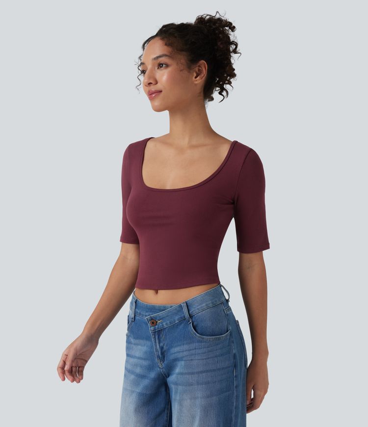 Ribbed Knit Scoop Neck Short Sleeve Casual T-Shirt