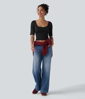 Ribbed Knit Scoop Neck Short Sleeve Casual T-Shirt