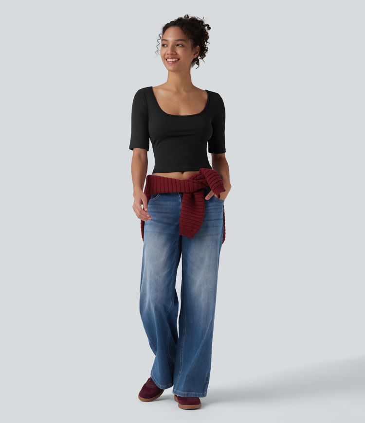 Ribbed Knit Scoop Neck Short Sleeve Casual T-Shirt