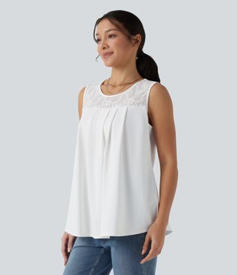 Débardeur décontracté à encoure ronde et dentelle contrastée