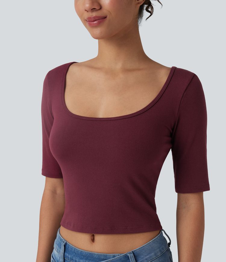 Ribbed Knit Scoop Neck Short Sleeve Casual T-Shirt