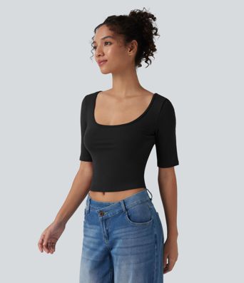 Ribbed Knit Scoop Neck Short Sleeve Casual T-Shirt