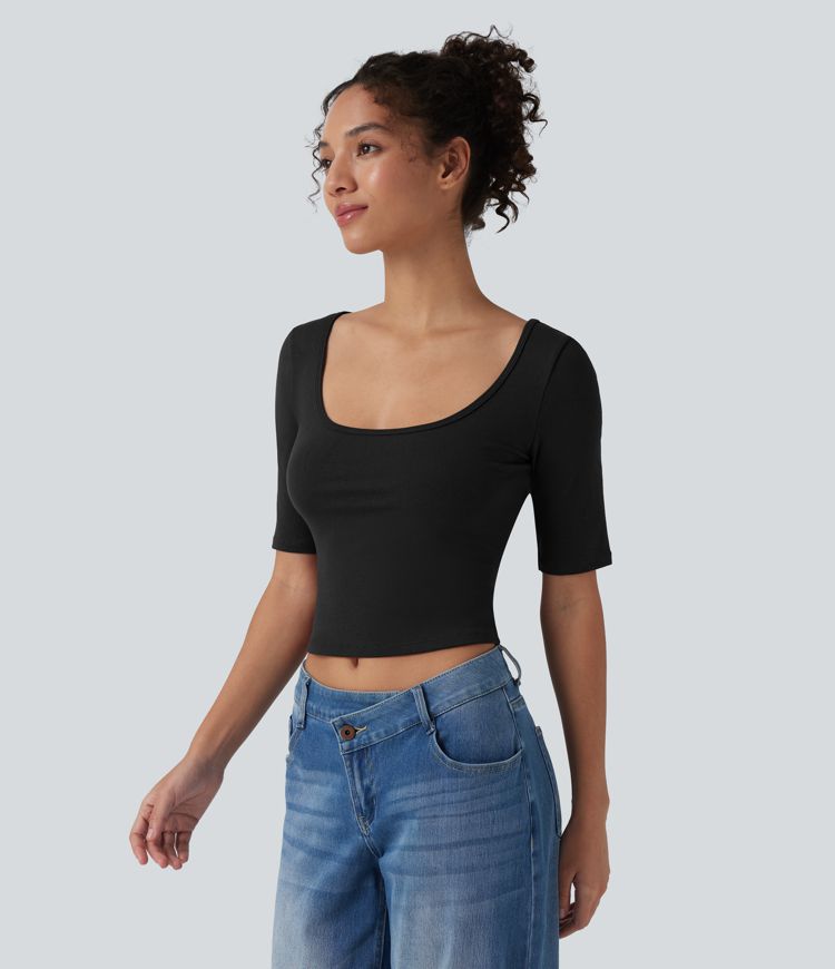 Ribbed Knit Scoop Neck Short Sleeve Casual T-Shirt