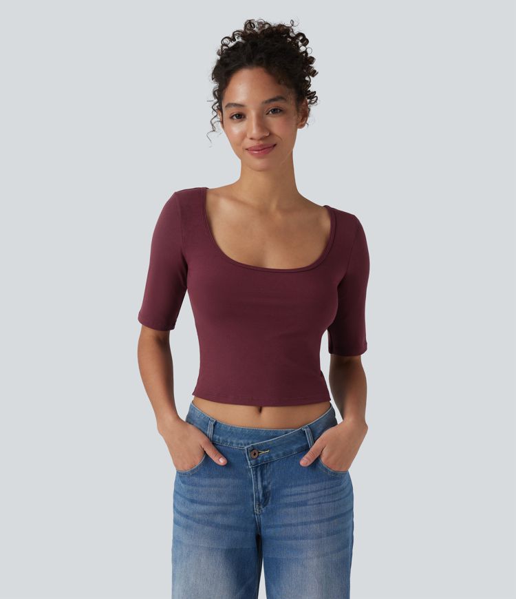 Ribbed Knit Scoop Neck Short Sleeve Casual T-Shirt