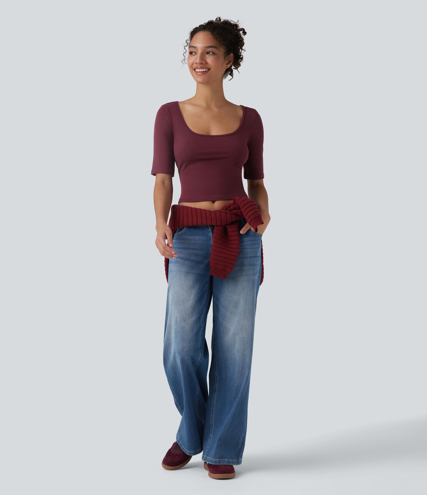 Ribbed Knit Scoop Neck Short Sleeve Casual T-Shirt