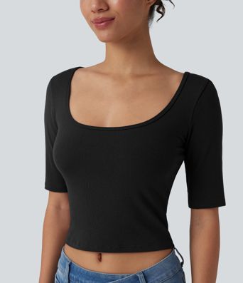 Ribbed Knit Scoop Neck Short Sleeve Casual T-Shirt