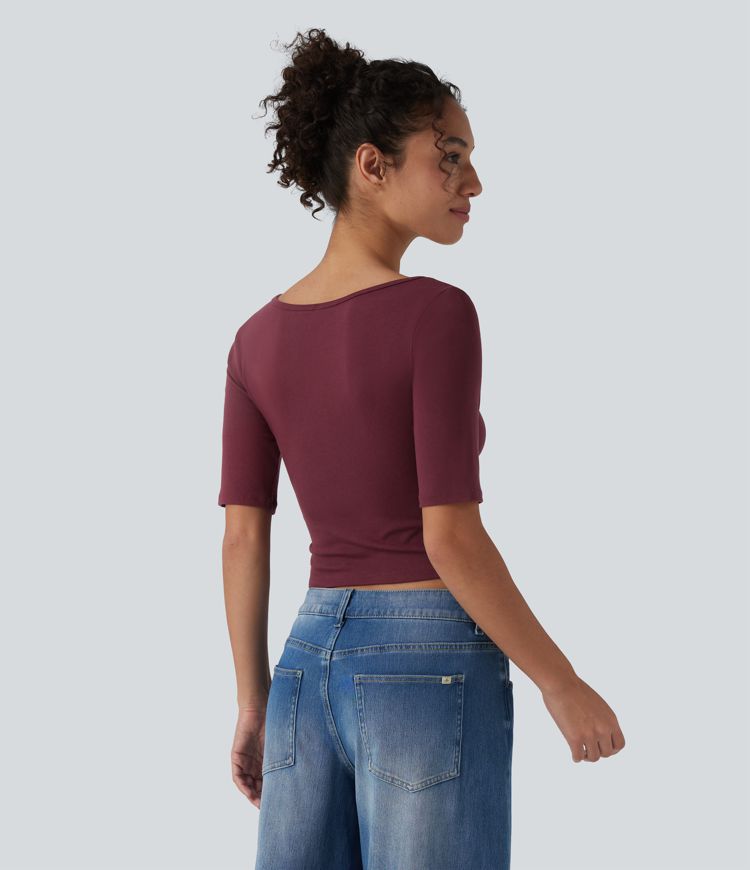 Ribbed Knit Scoop Neck Short Sleeve Casual T-Shirt