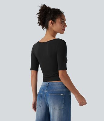 Ribbed Knit Scoop Neck Short Sleeve Casual T-Shirt