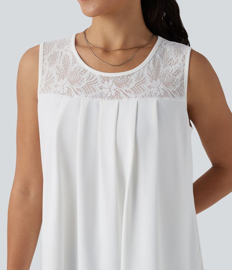 Débardeur décontracté à encoure ronde et dentelle contrastée