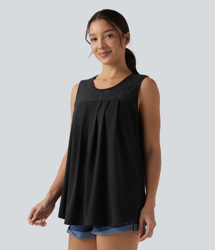 Round Neck Contrast Lace Casual Tank Top