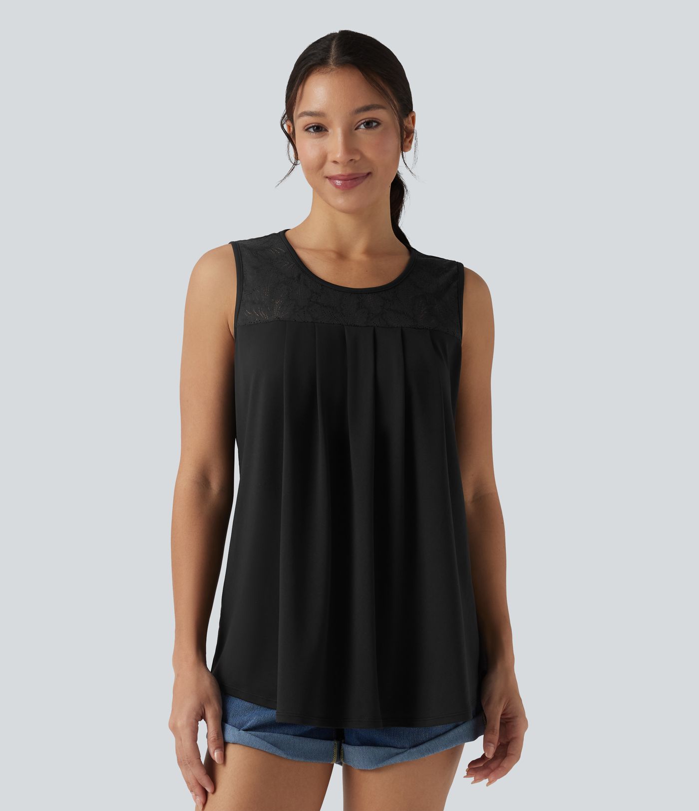 Round Neck Contrast Lace Casual Tank Top