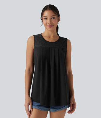 Round Neck Contrast Lace Casual Tank Top