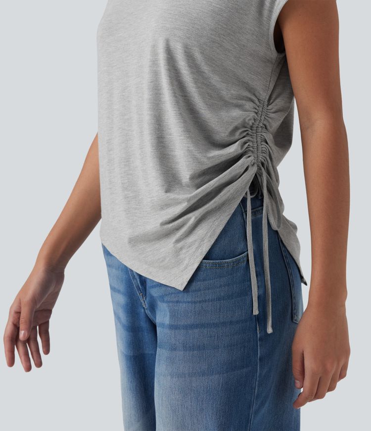 Blusa casual con escote en V, mangas murciélago, cordón y dobladillo asimétrico