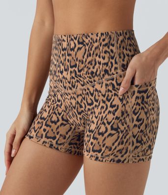 Halara UltraSculpt™ Leopard Print High Waisted Tummy Control Shaping Training Biker Shorts 3'' with Pockets