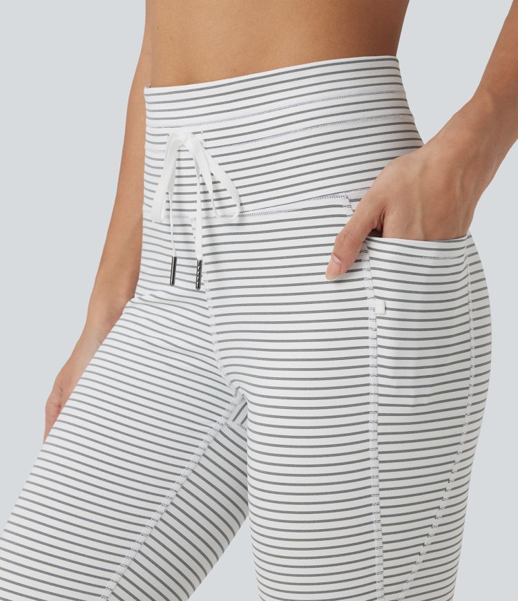 High Waisted Drawstring Stripe Capri Yoga Leggings with Pockets