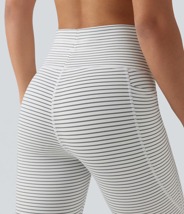 High Waisted Drawstring Stripe Capri Yoga Leggings with Pockets