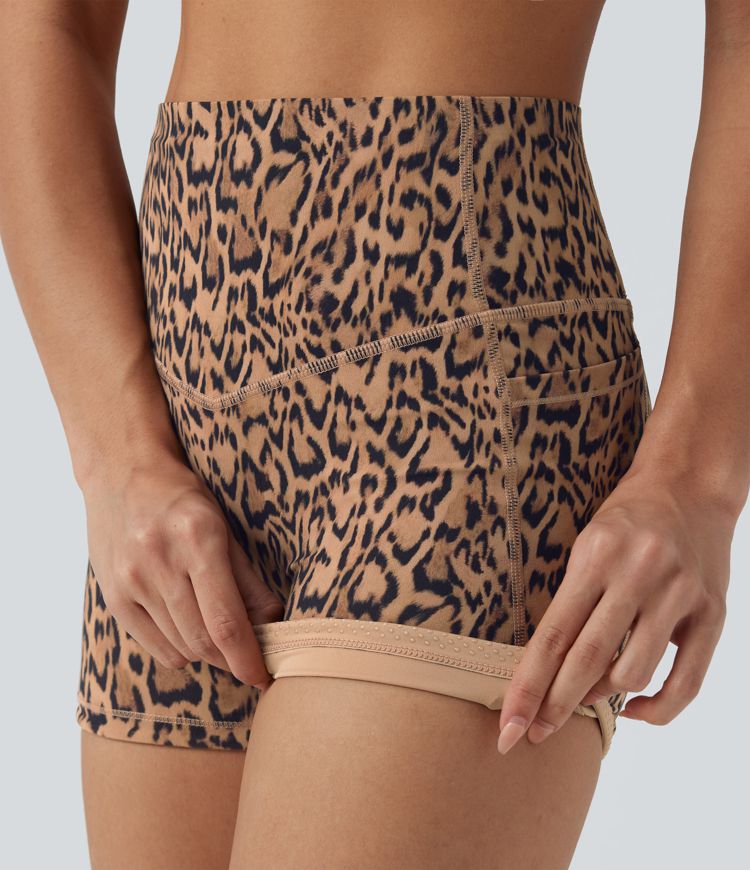 Halara UltraSculpt™ Leopard Print High Waisted Tummy Control Shaping Training Biker Shorts 3'' with Pockets