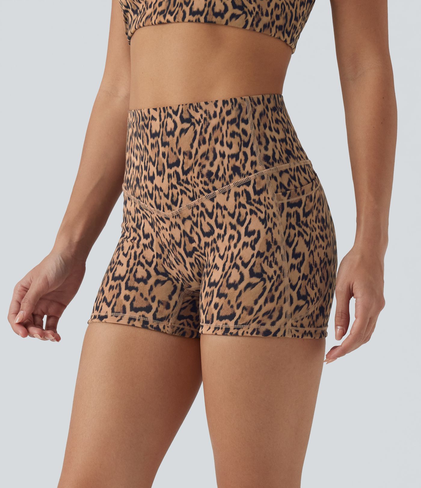 Halara UltraSculpt™ Leopard Print High Waisted Tummy Control Shaping Training Biker Shorts 3'' with Pockets