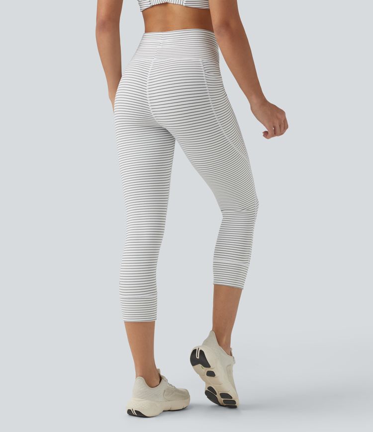 High Waisted Drawstring Stripe Capri Yoga Leggings with Pockets