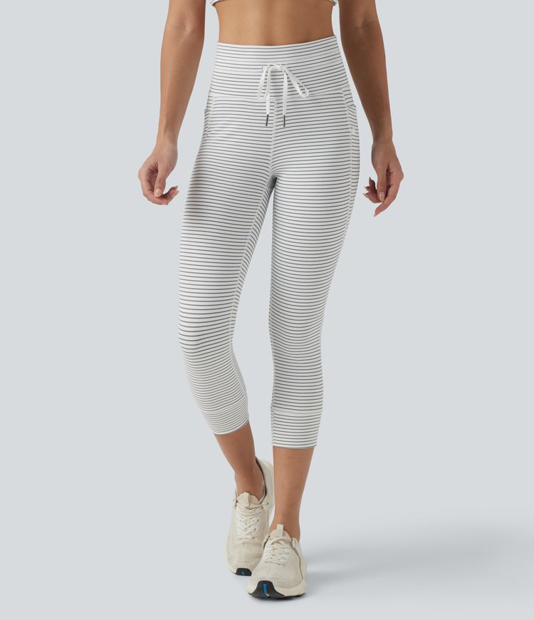 High Waisted Drawstring Stripe Capri Yoga Leggings with Pockets