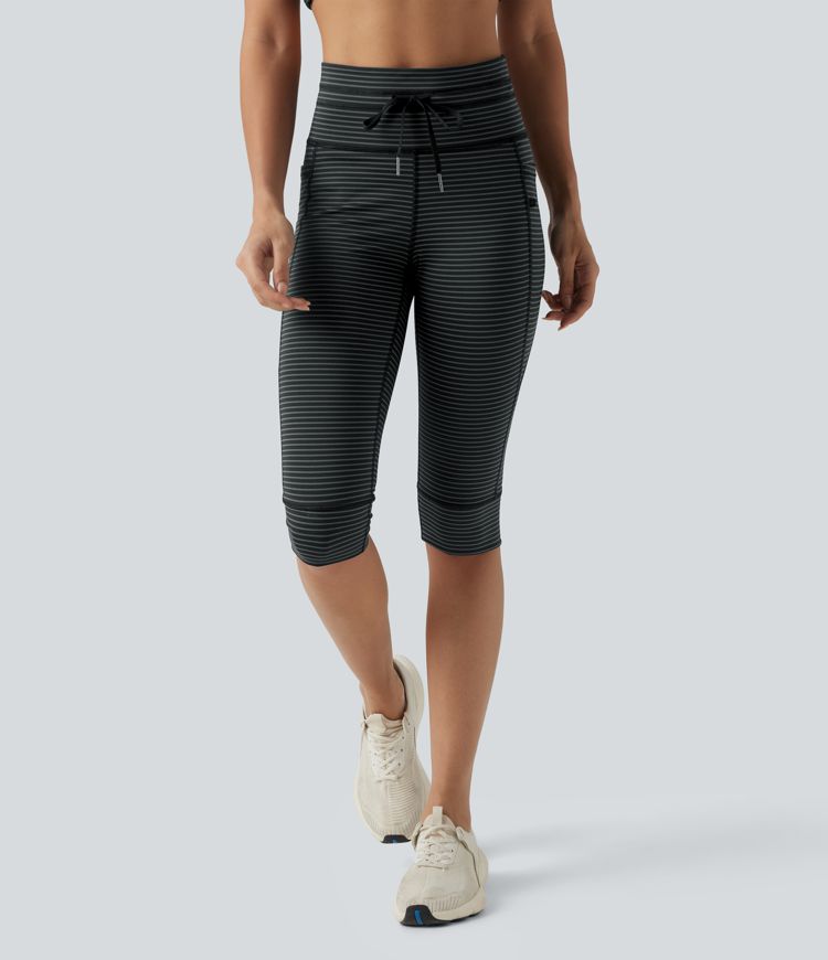 Pedal-Pusher-Yoga-Leggings mit hohem Bund, Seitentaschen, Kordelzug und Streifen