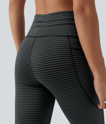 Pedal-Pusher-Yoga-Leggings mit hohem Bund, Seitentaschen, Kordelzug und Streifen