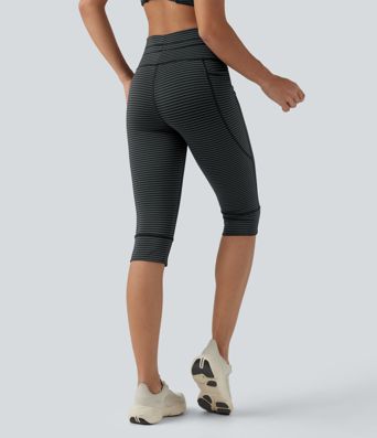 Pedal-Pusher-Yoga-Leggings mit hohem Bund, Seitentaschen, Kordelzug und Streifen