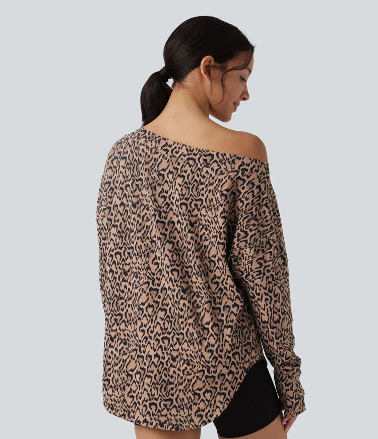 SoftlyZero™ Leopardenmuster One-Shoulder Langarm-Sporttop mit Daumenloch und geschwungener Saumkante - UPF40+