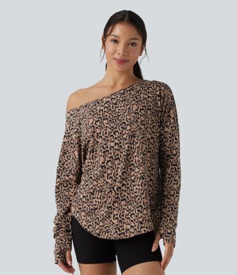 SoftlyZero™ Leopardenmuster One-Shoulder Langarm-Sporttop mit Daumenloch und geschwungener Saumkante - UPF40+