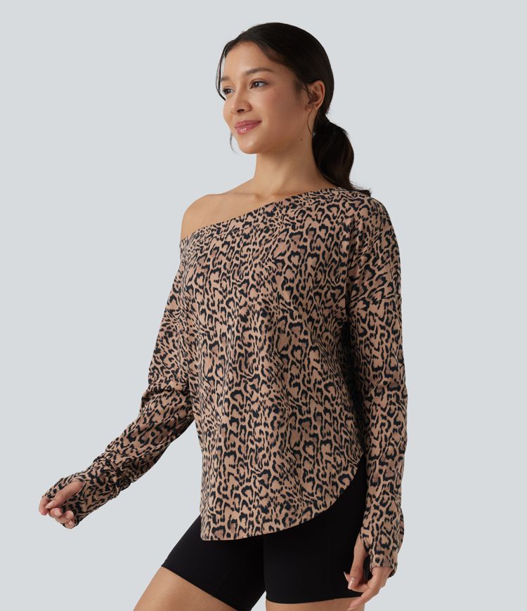 SoftlyZero™ Leopardenmuster One-Shoulder Langarm-Sporttop mit Daumenloch und geschwungener Saumkante - UPF40+