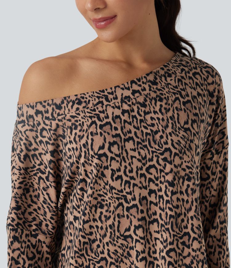 SoftlyZero™ Leopardenmuster One-Shoulder Langarm-Sporttop mit Daumenloch und geschwungener Saumkante - UPF40+