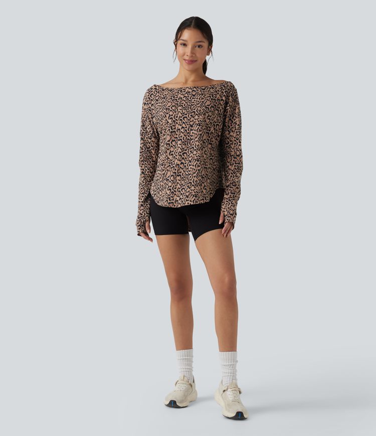 SoftlyZero™ Leopardenmuster One-Shoulder Langarm-Sporttop mit Daumenloch und geschwungener Saumkante - UPF40+