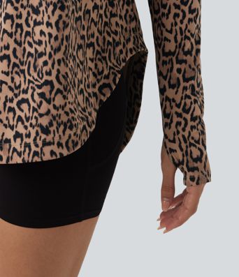 SoftlyZero™ Leopardenmuster One-Shoulder Langarm-Sporttop mit Daumenloch und geschwungener Saumkante - UPF40+