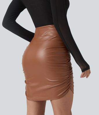 High Waisted Tummy Control Ruched Curved Hem 2-in-1 Fleece PU Mini Bodycon Party Skirt-Longer Length