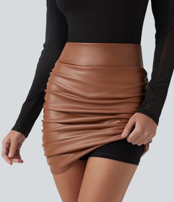 High Waisted Tummy Control Ruched Curved Hem 2-in-1 Fleece PU Mini Bodycon Party Skirt-Longer Length