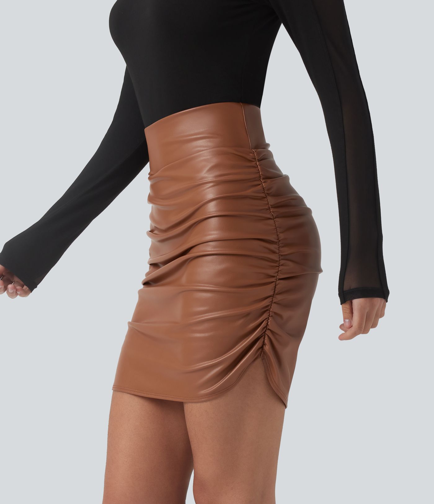 High Waisted Tummy Control Ruched Curved Hem 2-in-1 Fleece PU Mini Bodycon Party Skirt-Longer Length