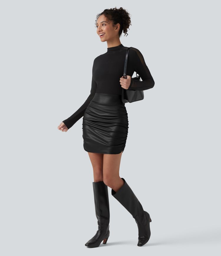 High Waisted Tummy Control Ruched Curved Hem 2-in-1 Fleece PU Mini Bodycon Party Skirt-Longer Length