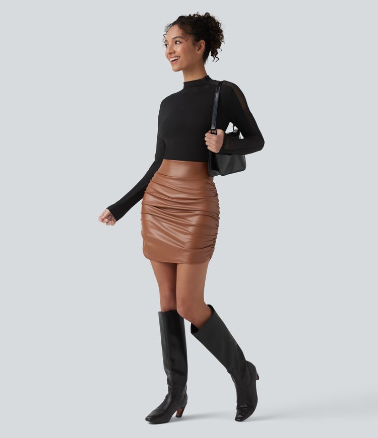 High Waisted Tummy Control Ruched Curved Hem 2-in-1 Fleece PU Mini Bodycon Party Skirt-Longer Length