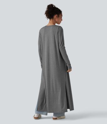 Long Sleeve Split Hem Heathered Casual Longline Coat Long Sleeve Split Hem Heathered Casual Longline Coat