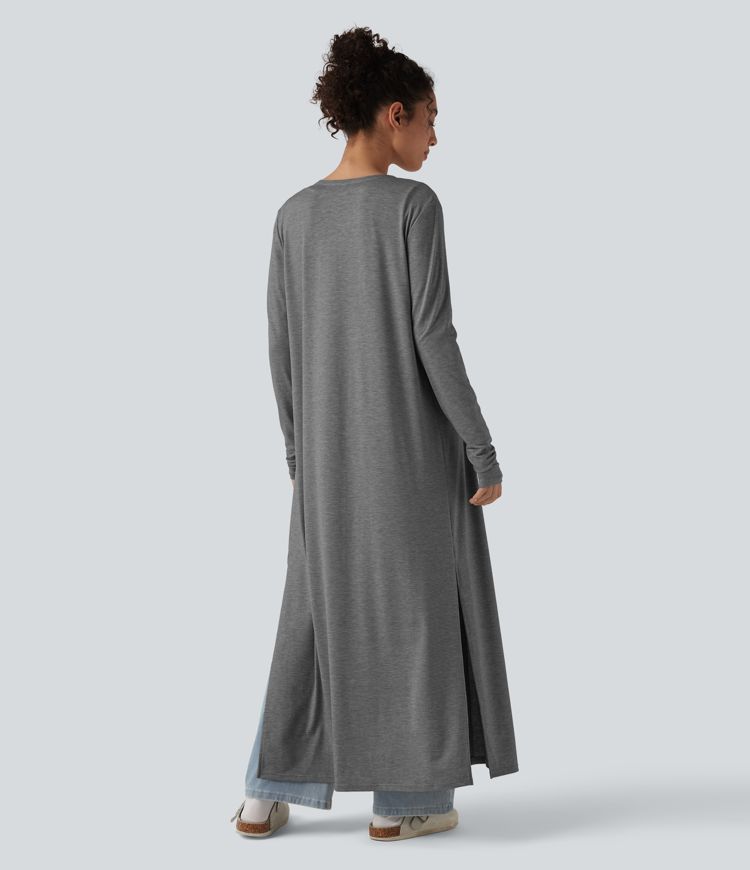 Long Sleeve Split Hem Heathered Casual Longline Coat Long Sleeve Split Hem Heathered Casual Longline Coat