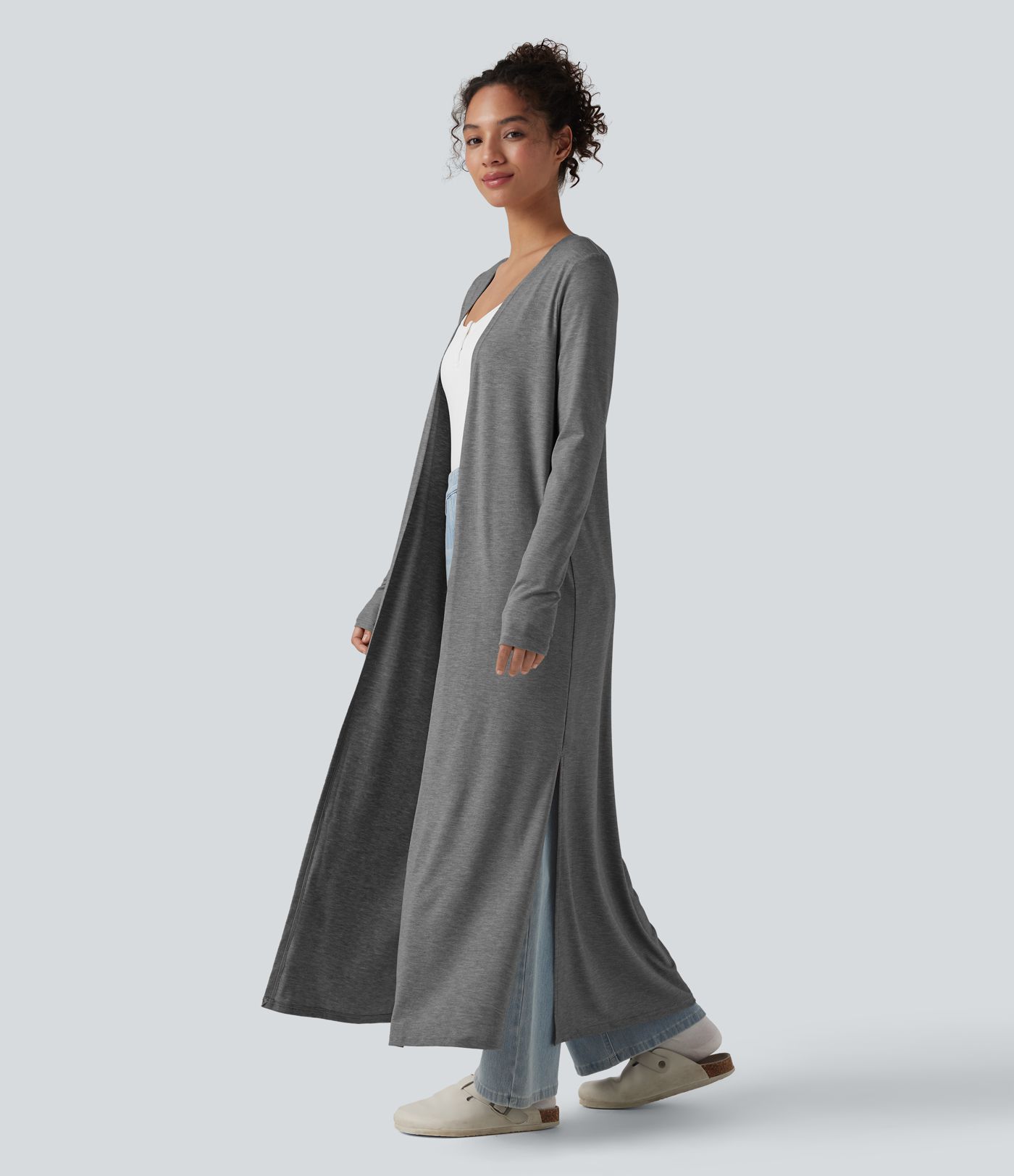Long Sleeve Split Hem Heathered Casual Longline Coat Long Sleeve Split Hem Heathered Casual Longline Coat