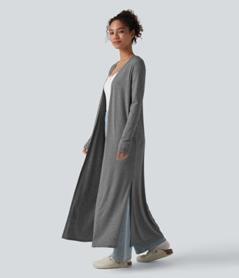 Long Sleeve Split Hem Heathered Casual Longline Coat Long Sleeve Split Hem Heathered Casual Longline Coat