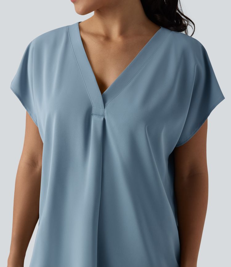Wrinkle-resistant V-neck Short Sleeve Oversized Work Blouse