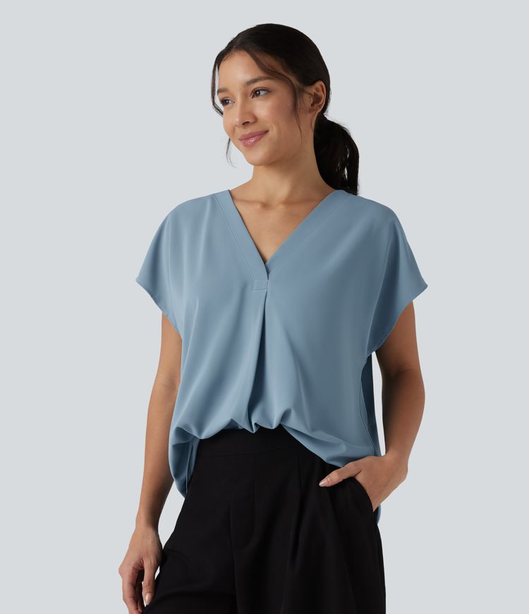 Wrinkle-resistant V-neck Short Sleeve Oversized Work Blouse