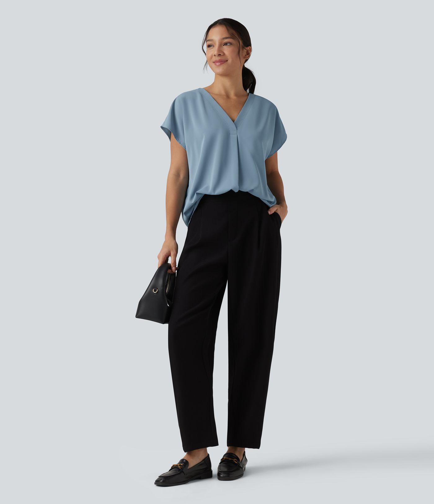 Wrinkle-resistant V-neck Short Sleeve Oversized Work Blouse