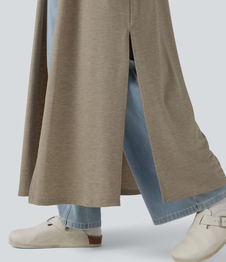 Abrigo longline casual de manga larga con abertura en el bajo y tejido jaspeado